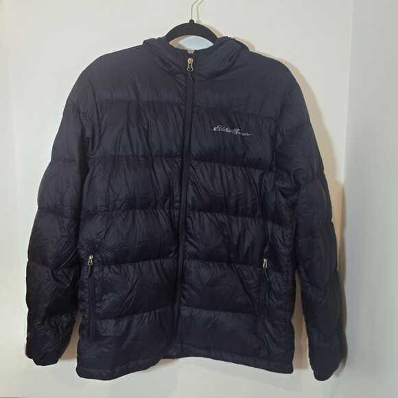 Eddie Bauer EB650 Men’s Hooded Down Puffer Jacket Size M Navy 650 Fill Quilted - Picture 1 of 10